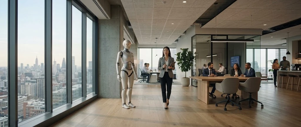 A humanoid robot and an employee walking through a modern office with a city view, colleagues meeting in the background